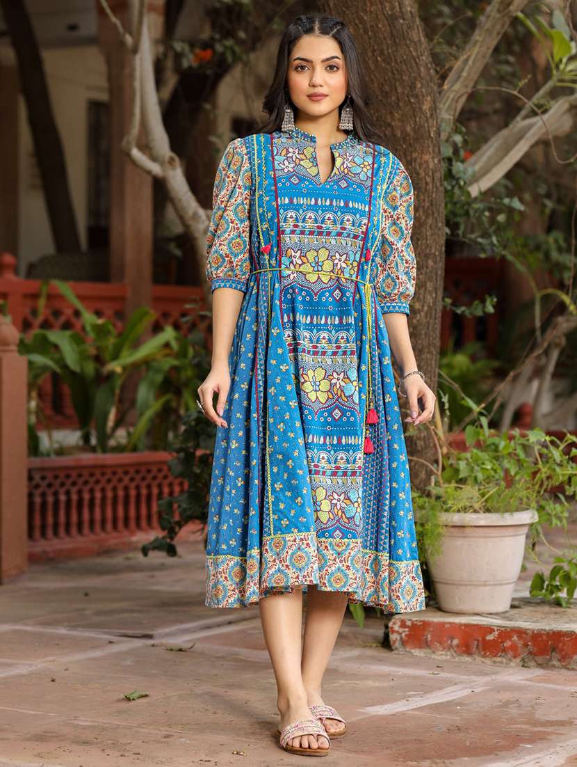 women light blue mandarin neck fit & flare dress