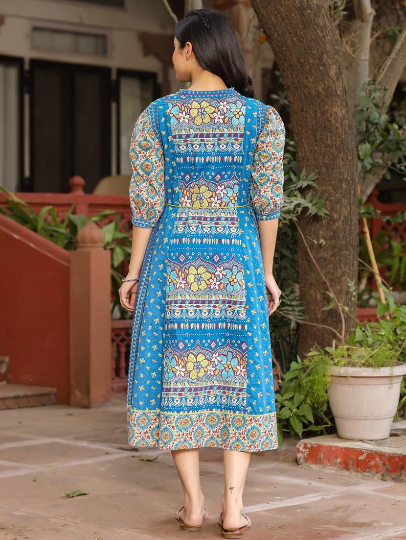 women light blue mandarin neck fit & flare dress - 21337761 - Standard Image - 2