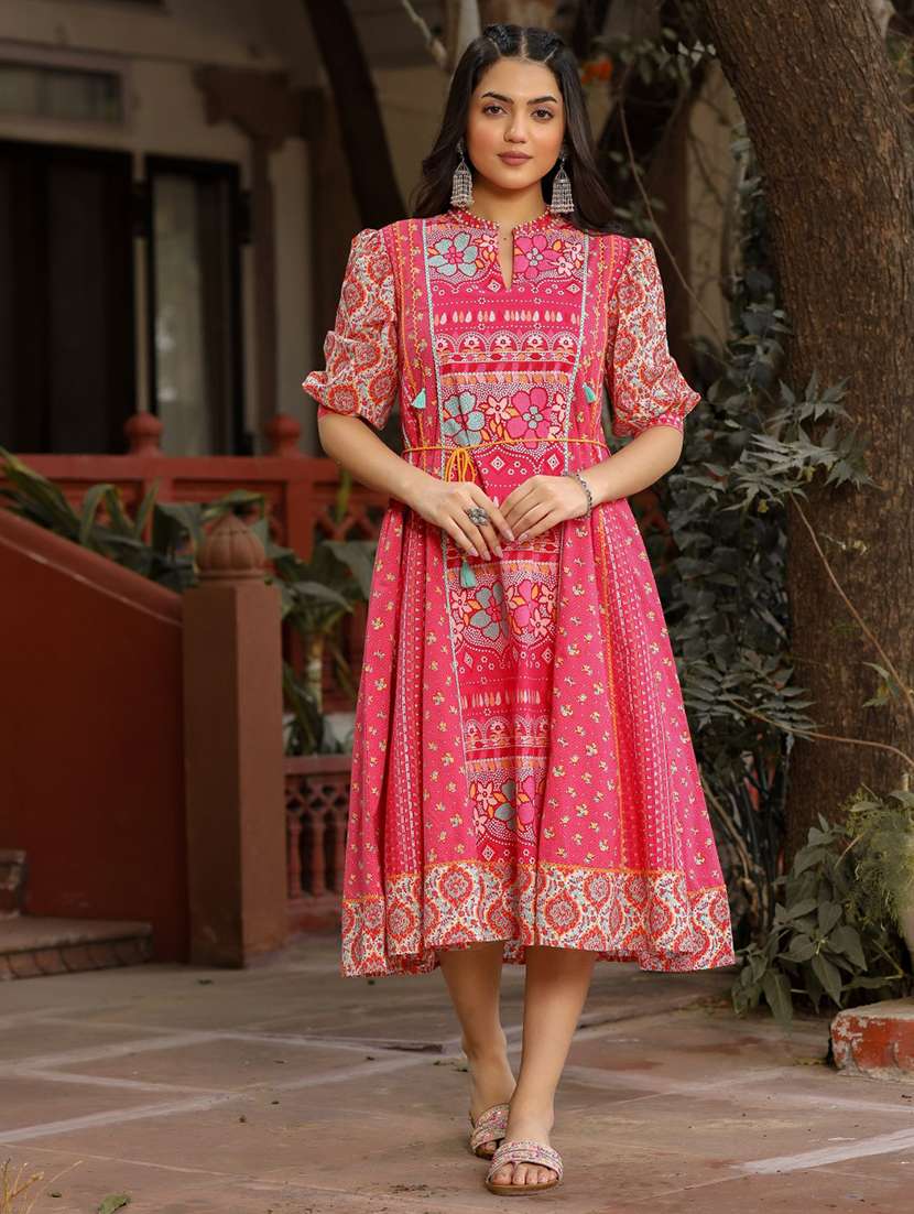women pink mandarin neck fit & flare dress