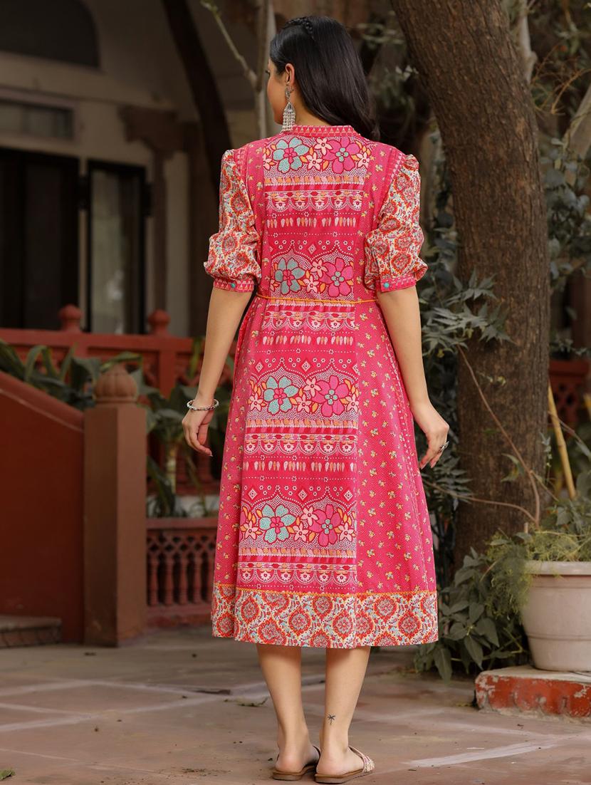 women pink mandarin neck fit & flare dress - 21337762 - Standard Image - 2