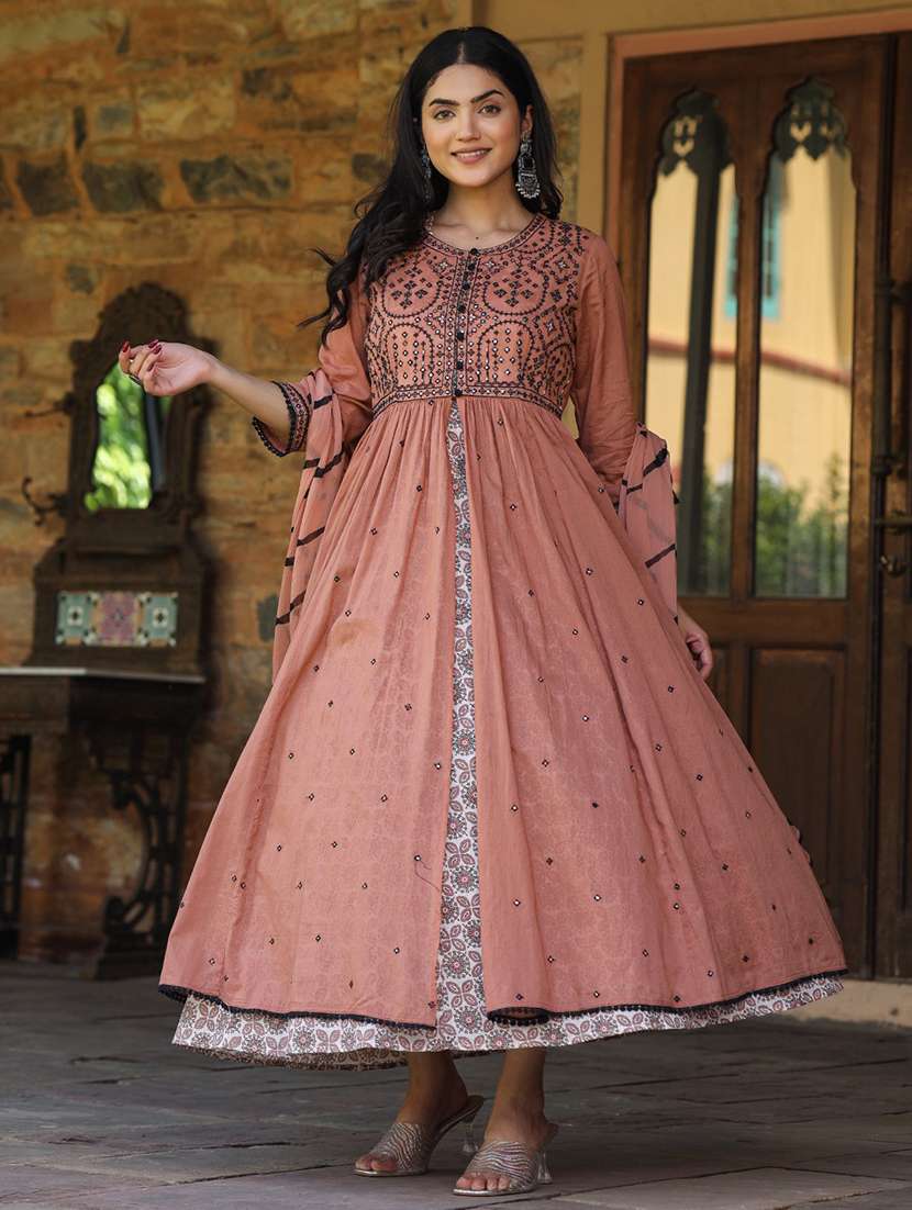 women peach round neck flared dress