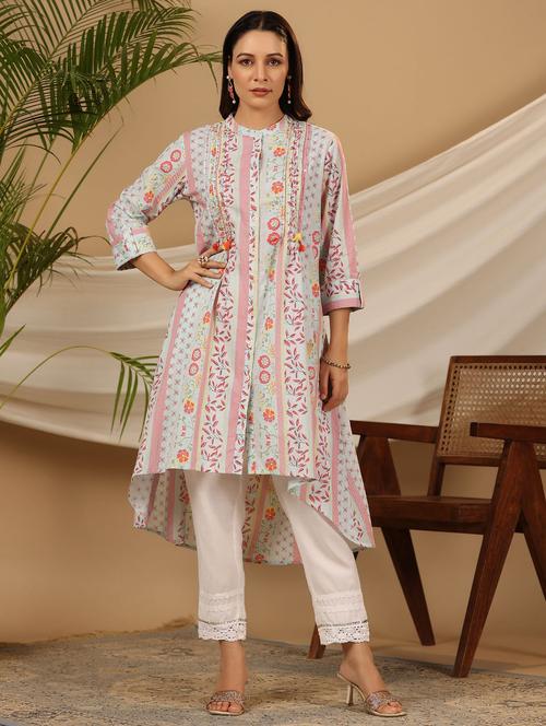 sky blue cotton highlow kurta - 21337815 - Standard Image - 0