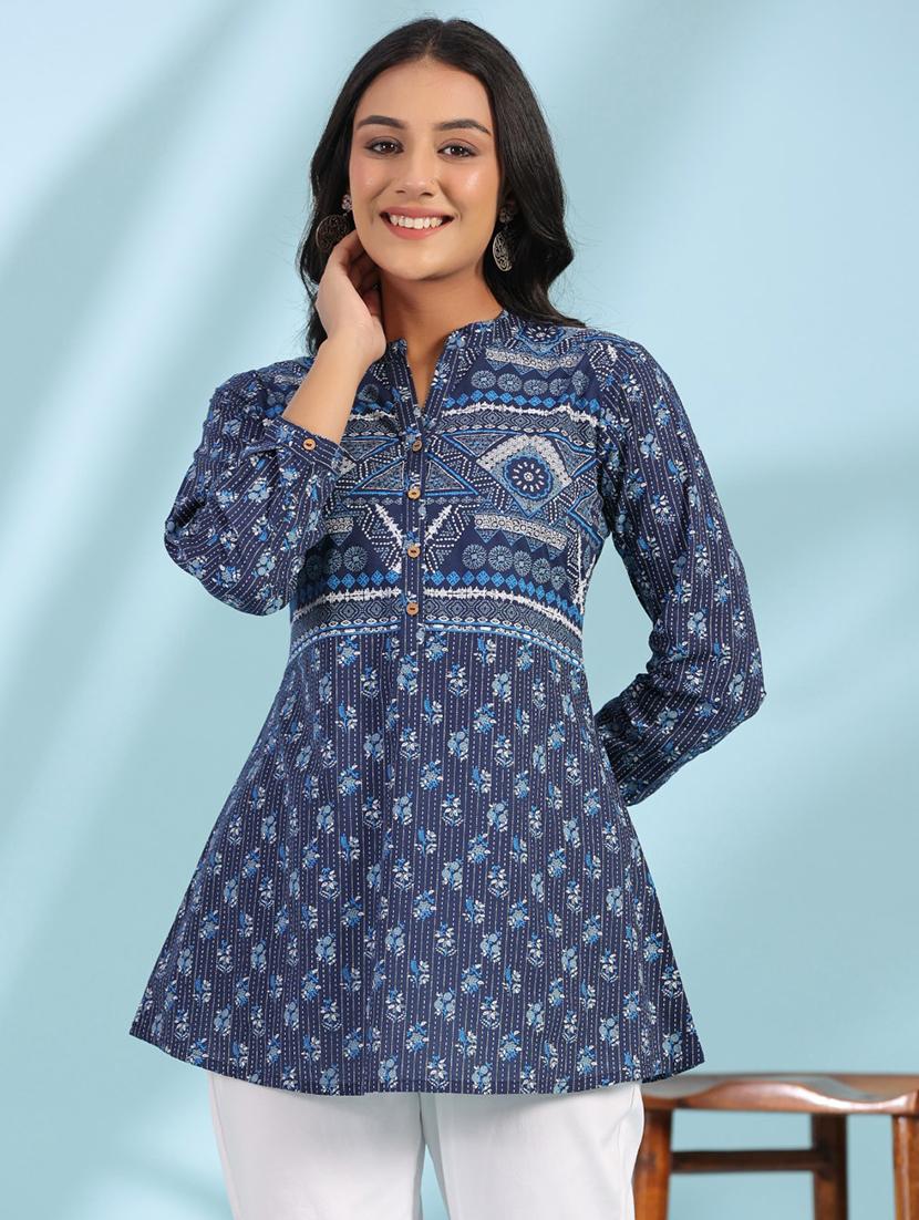 women blue cotton a-line tunic