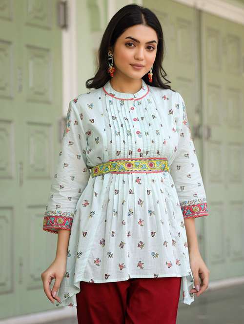 women light blue cotton peplum tunic