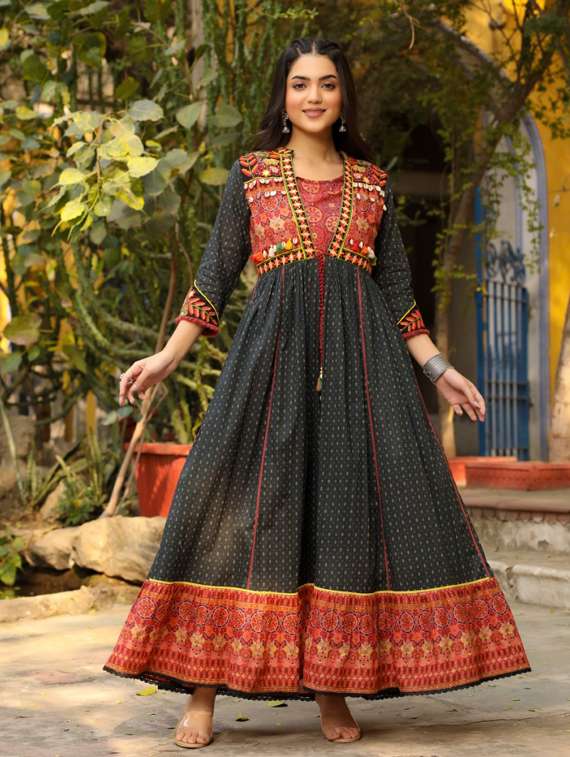 black cotton layered ethnic dress