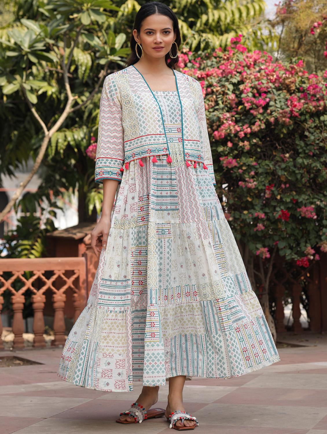 off white printed ethnic dress with jacket - 21337955 - Standard Image - 2