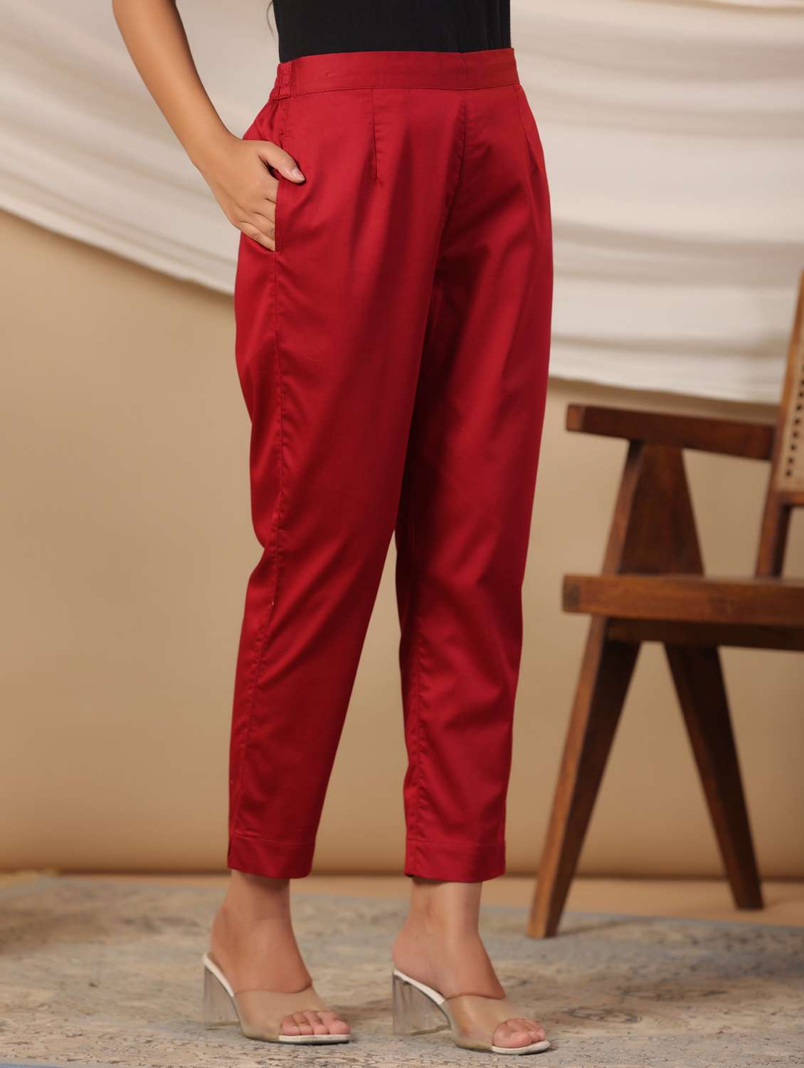 women maroon solid cigarette pants trouser - 21337979 -  Standard Image - 2
