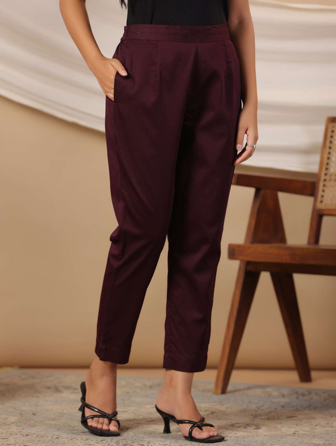 women maroon solid cigarette pants trouser - 21337980 -  Standard Image - 2