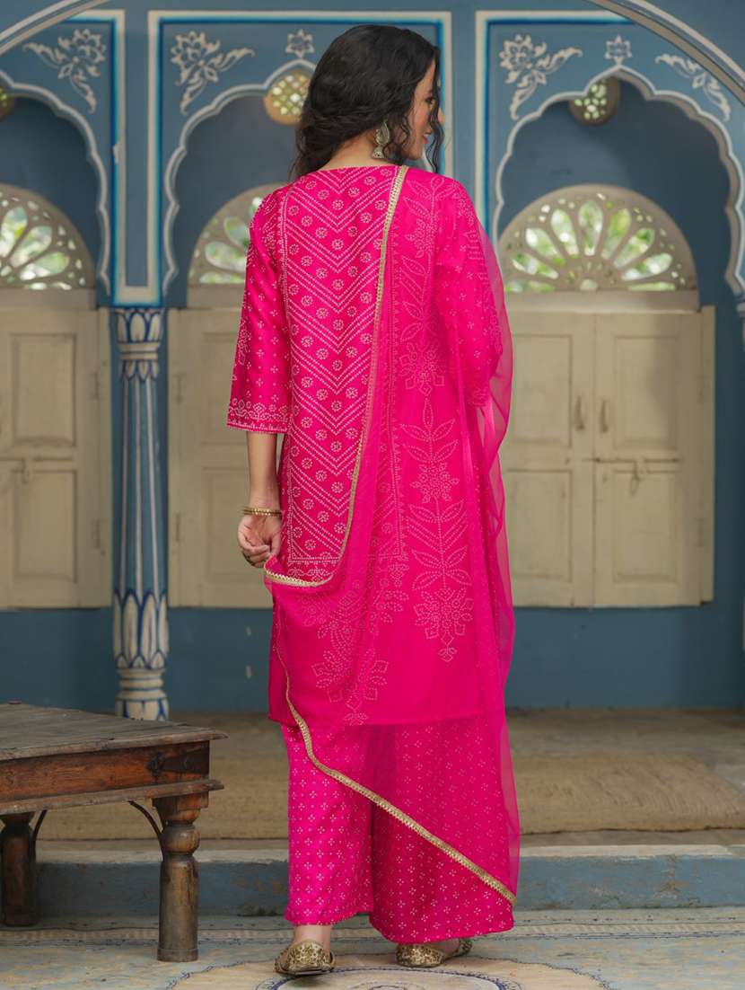 fuchsia bandhani kurta palazzo suit set - 21338537 -  Standard Image - 2