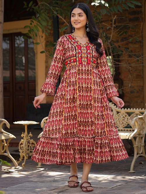 women maroon v neck fit & flare dress - 21338662 - Standard Image - 0