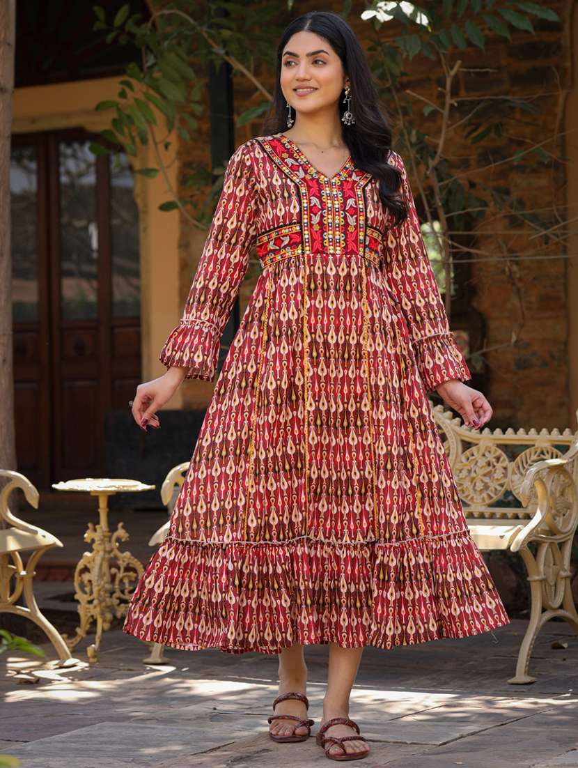 women maroon v neck fit & flare dress - 21338662 - Zoom Image - 0