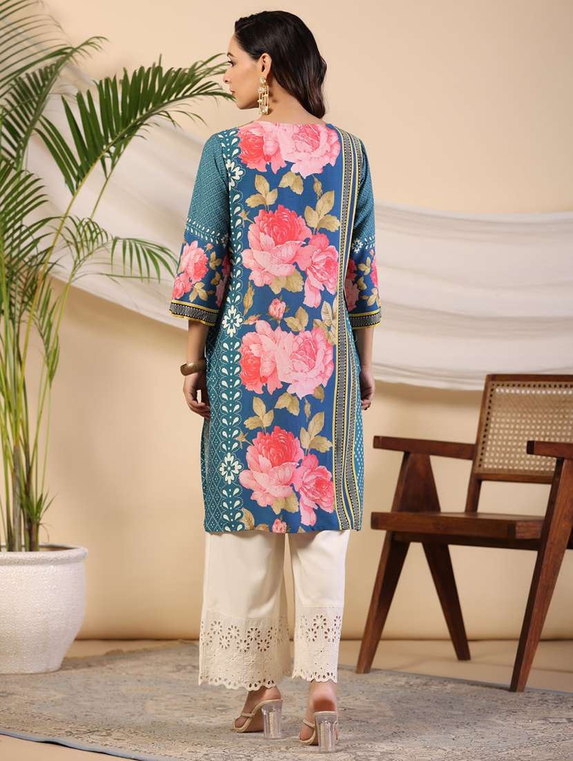 women three quarter sleeve straight kurta - 21338694 -  Standard Image - 2