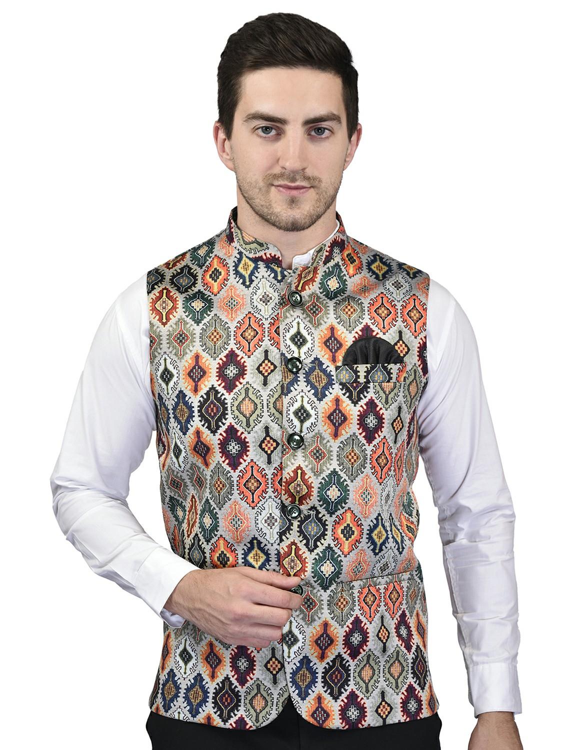 men mandarin neck printed nehru jacket - 21340570 -  Zoom Image - 0