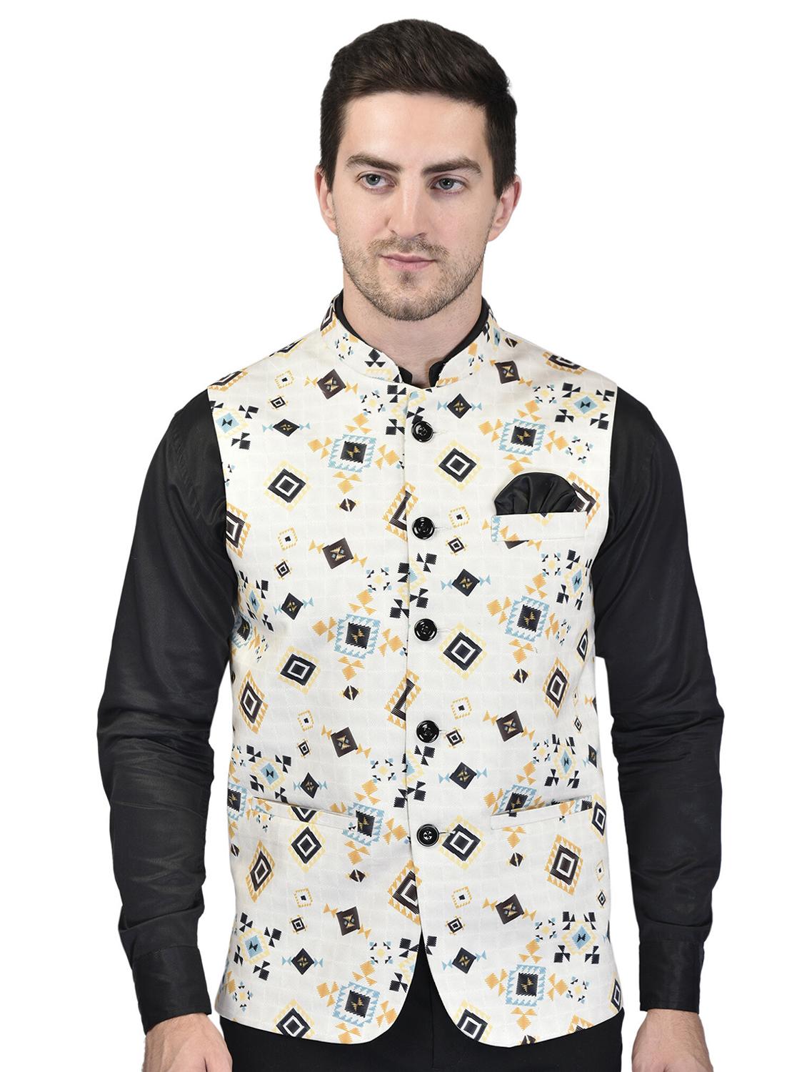 men mandarin neck printed nehru jacket - 21340573 - Zoom Image - 0