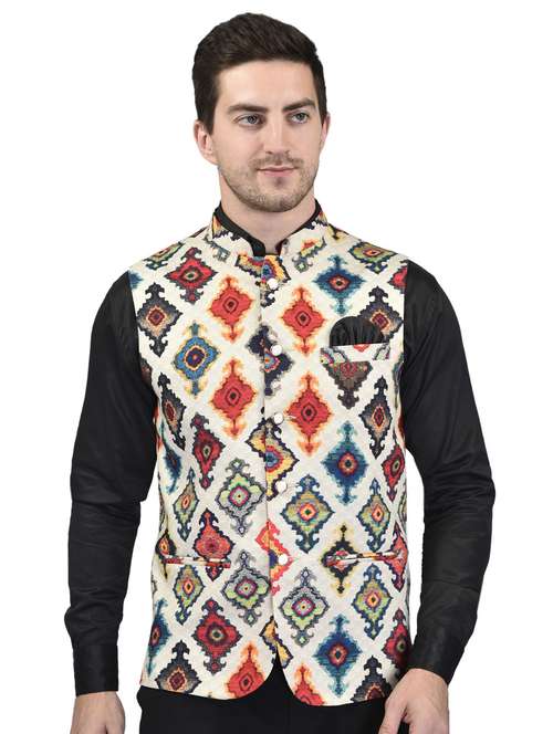 men mandarin neck printed nehru jacket - 21340586 - Standard Image - 0