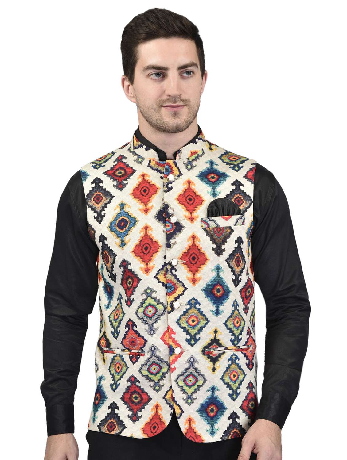 men mandarin neck printed nehru jacket - 21340586 - Zoom Image - 0