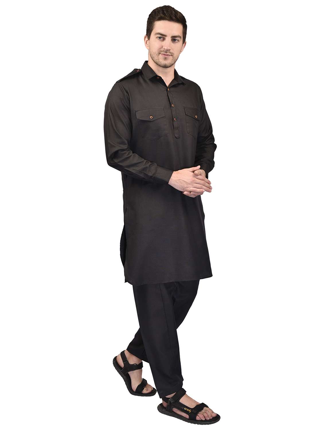 Black Cotton Blend Kurta Pyjama Ethnic Wear Set