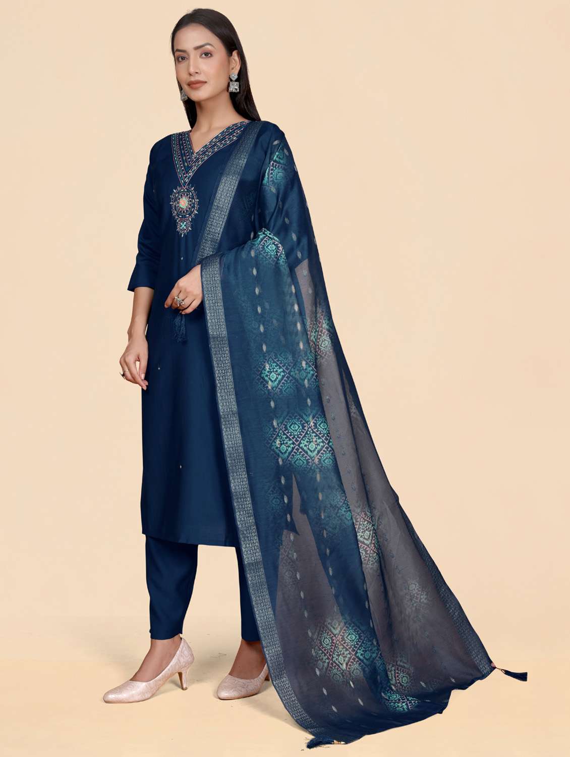 women embroidered three quarter sleeve kurta pant with dupatta set - 21344037 - Standard Image - 2