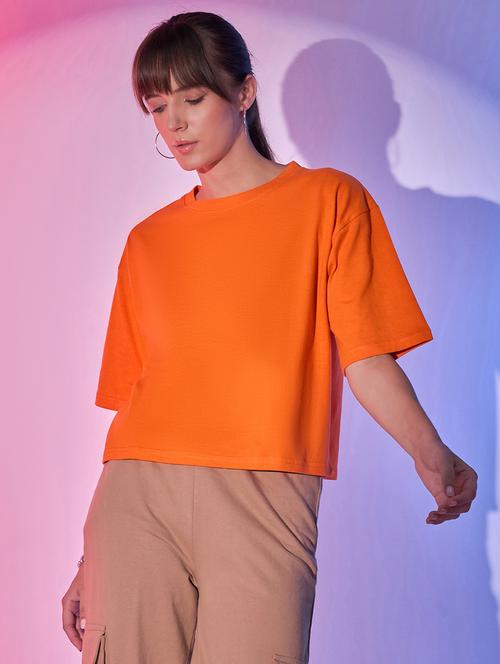 women orange cotton boxy t-shirt - 21344183 - Standard Image - 0