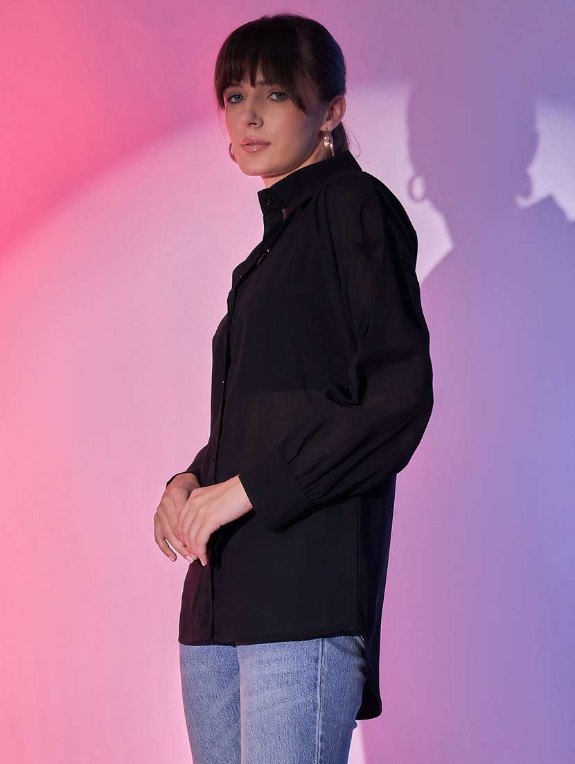 women solid collared high-low shirt - 21344198 - Standard Image - 2