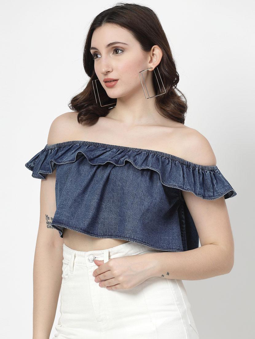 women blue cotton blend crop top - 21344258 - Standard Image - 2