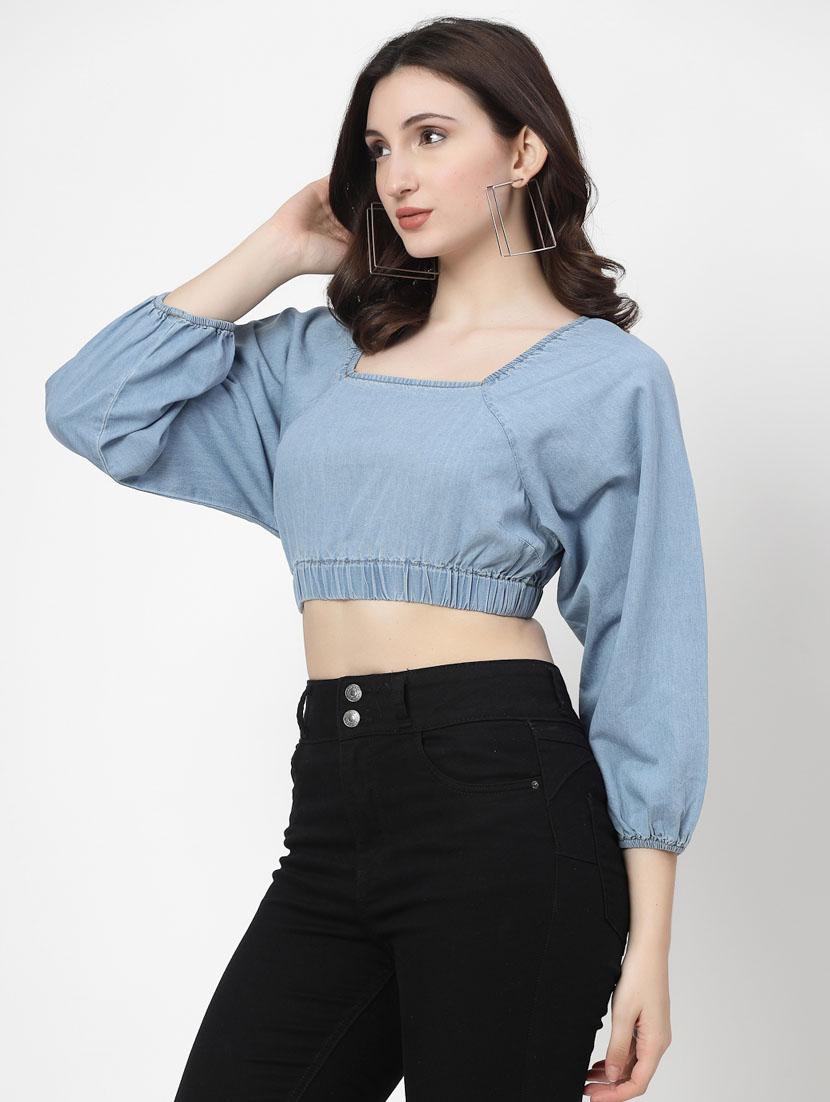 women blue cotton blend crop top - 21344259 - Standard Image - 2