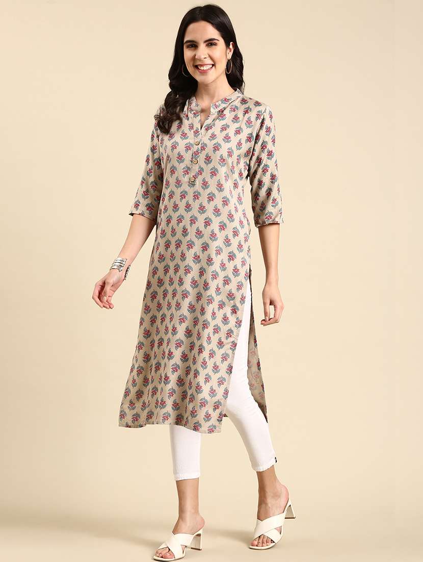 women three quarter sleeve straight kurta - 21344929 -  Standard Image - 2