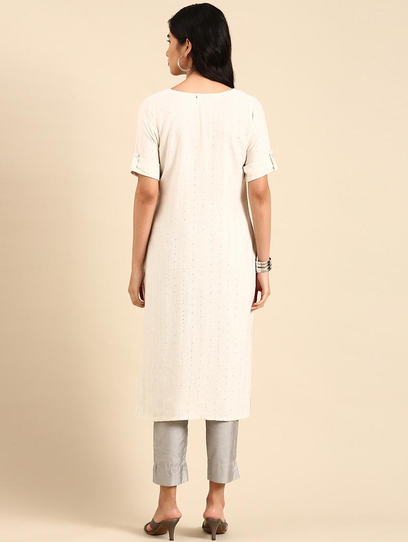 off white striped roll up sleeve straight kurta - 21344932 - Standard Image - 2