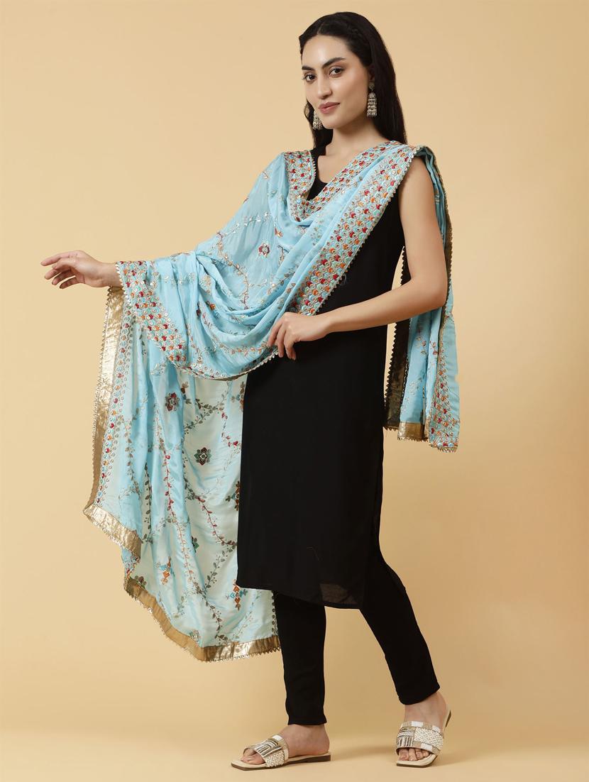 light blue embroidered dupatta - 21345588 -  Zoom Image - 0