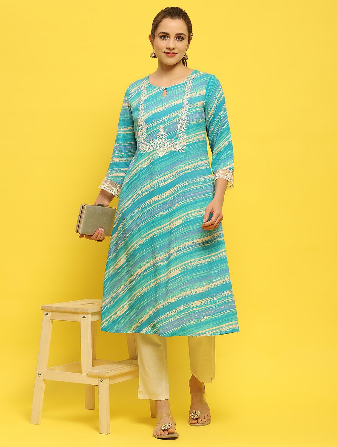 women blue rayon a-line kurta - 21348576 - Zoom Image - 0
