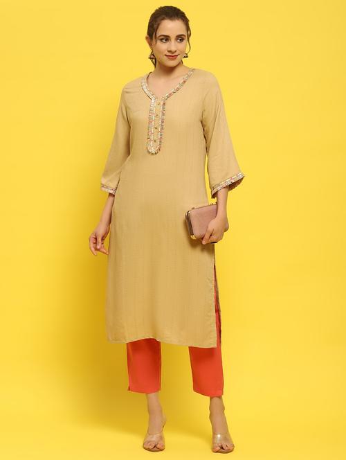 women beige viscose straight kurta - 21348578 -  Standard Image - 0