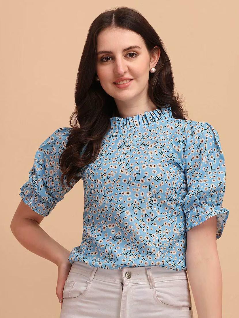 women floral print puff sleeves straight top - 21348648 - Standard Image - 2