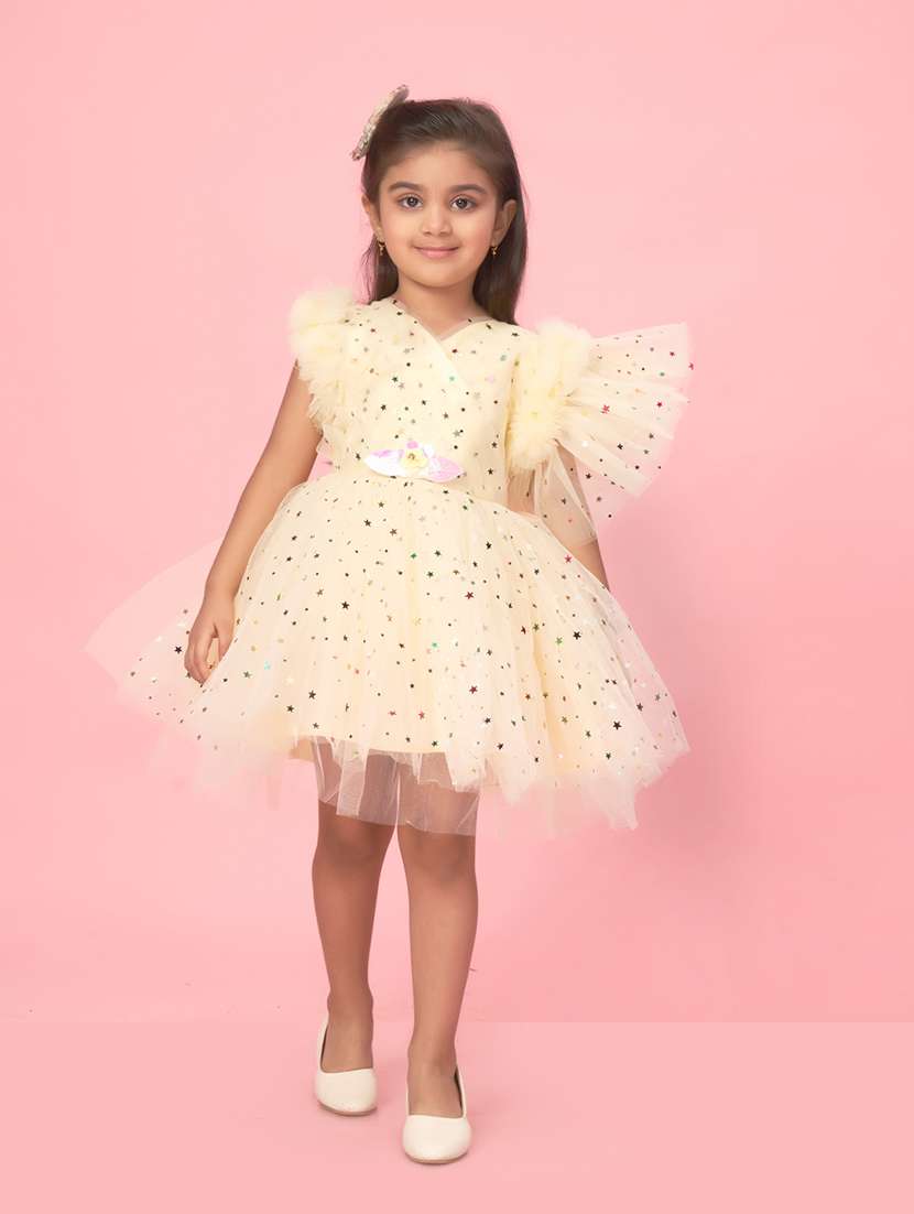 girls cream self design detailed frock
