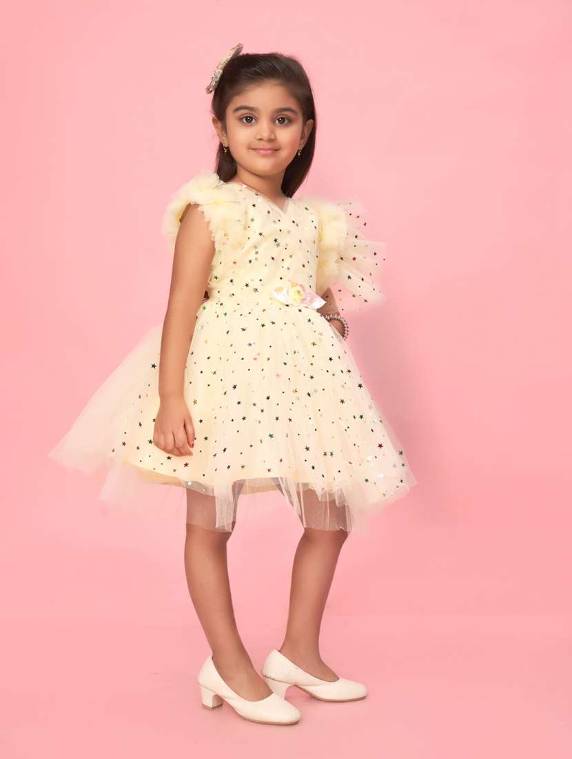 girls cream self design detailed frock - 21348799 -  Standard Image - 2
