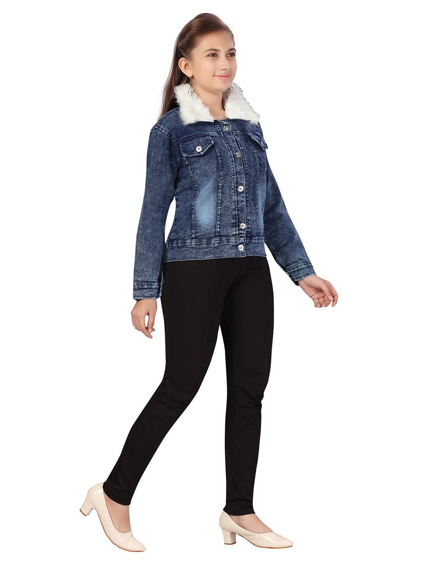 girls blue denim jacket with fur detailing - 21348830 - Standard Image - 2