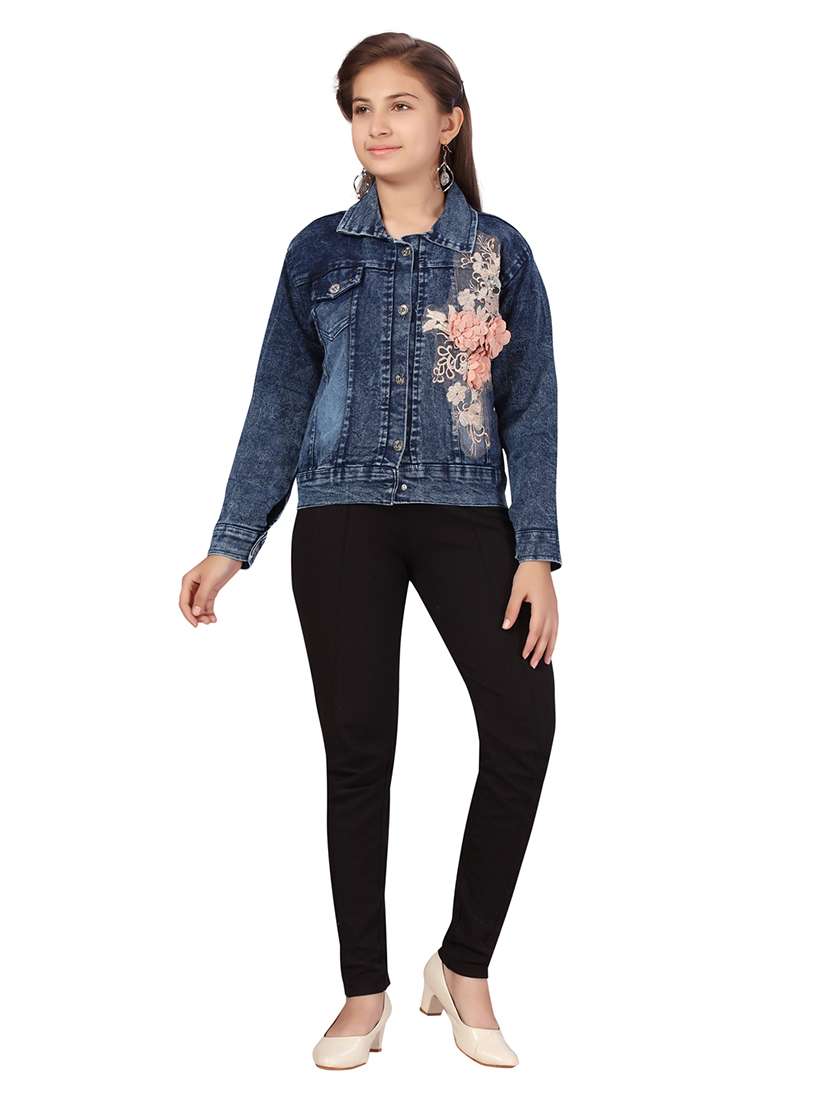 girls blue self-designed denim jacket