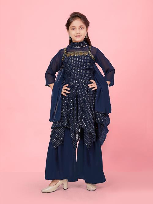 girls navy blue solid with work kurta palazzo set - 21348908 - Standard Image - 0