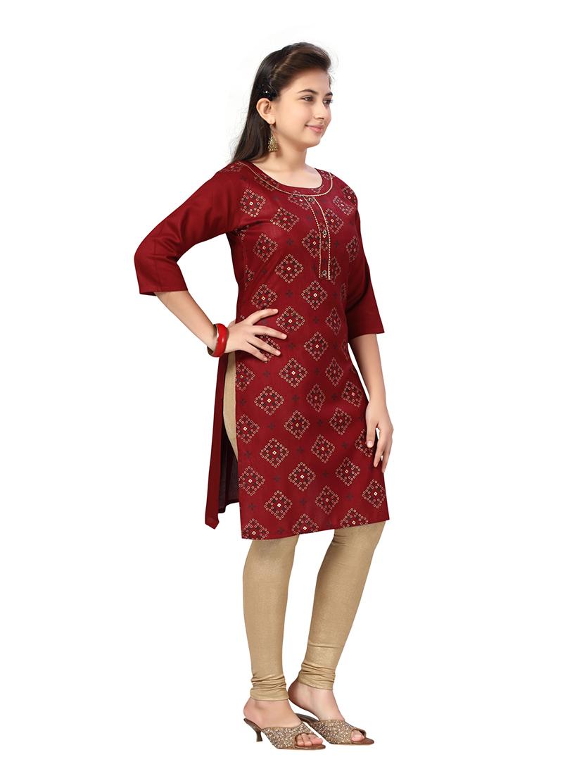 girls maroon printed cotton kurta legging set - 21348917 - Standard Image - 2