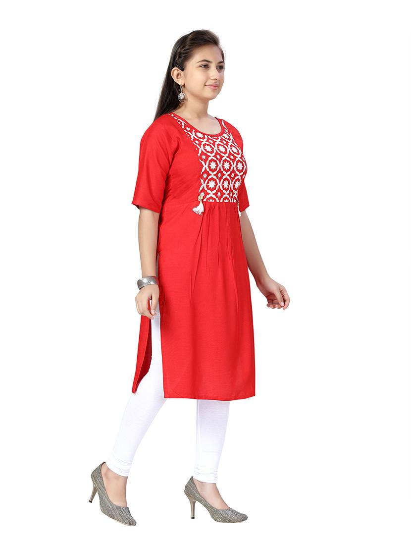girls red embroidered cotton kurta legging set - 21348923 - Standard Image - 2