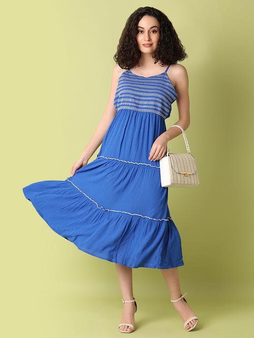 women blue solids tiered dress - 21349618 - Standard Image - 0