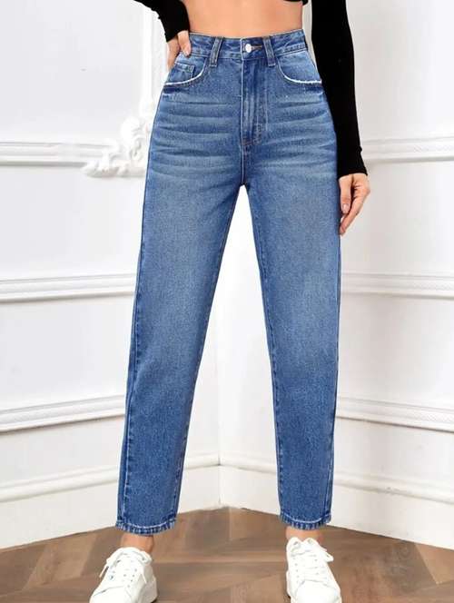 women solid high rise mom fit jean - 21350191 - Standard Image - 0