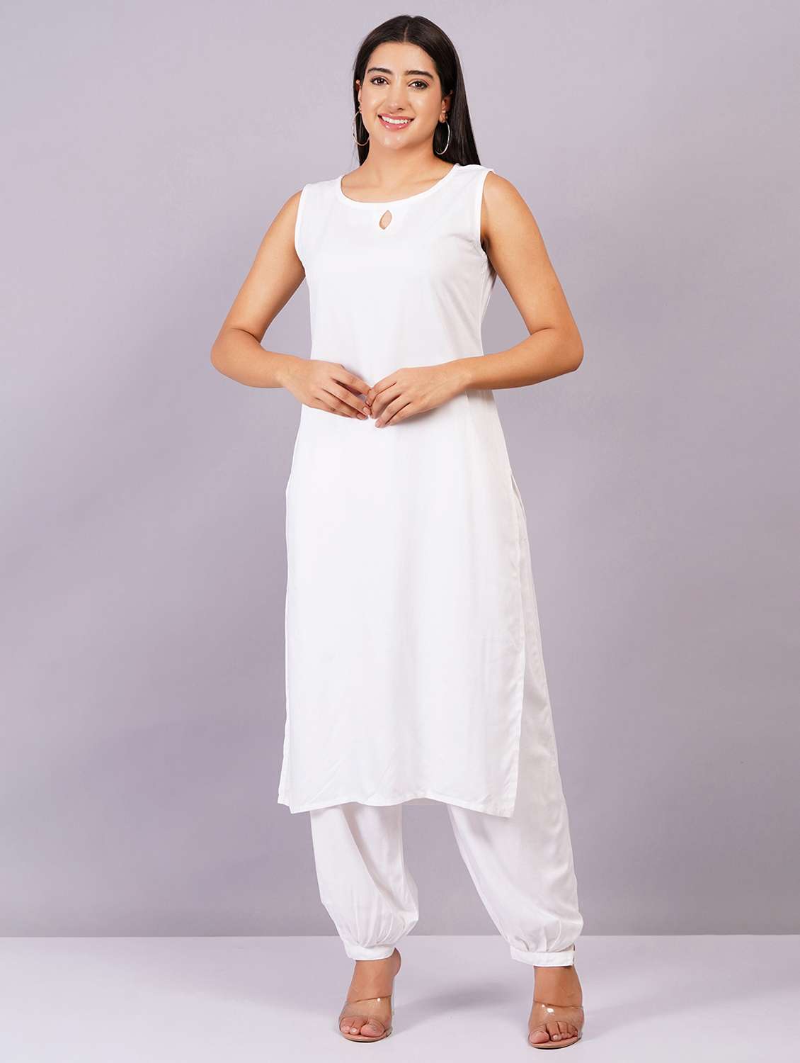 women solid sleeveless kurta salwar set