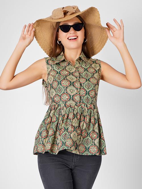 women printed collared sleeveless flared top - 21350593 - Standard Image - 0