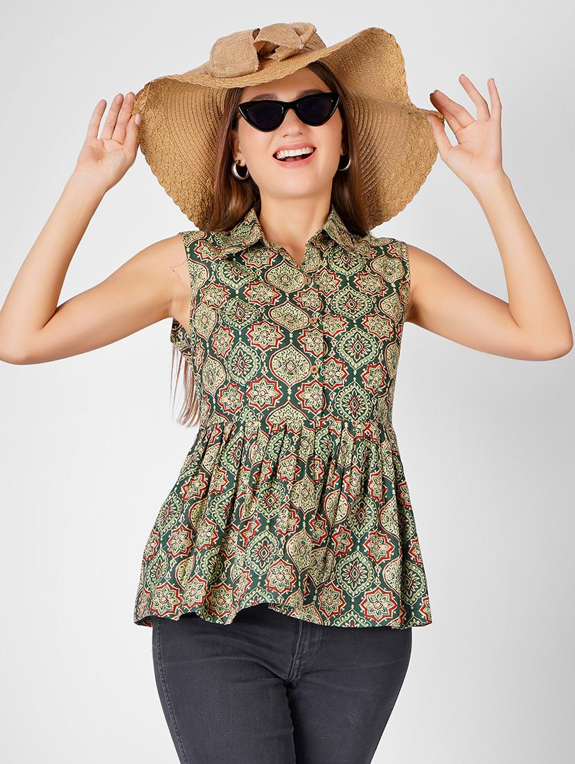women printed collared sleeveless flared top - 21350593 - Zoom Image - 0