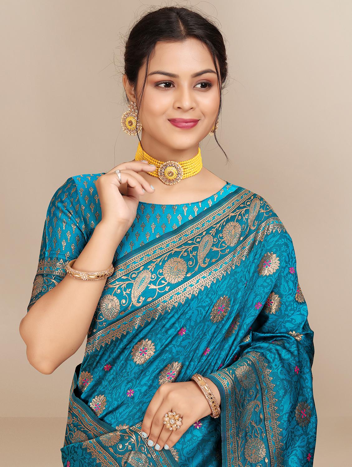 turquoise silk banarasi saree - 21351276 - Standard Image - 2