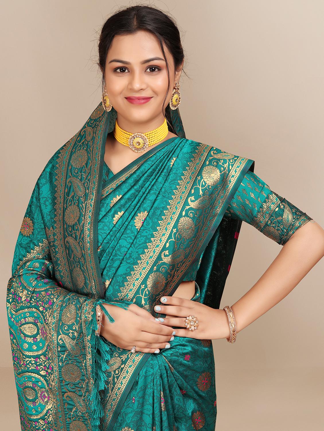 teal silk banarasi saree - 21351280 - Standard Image - 2