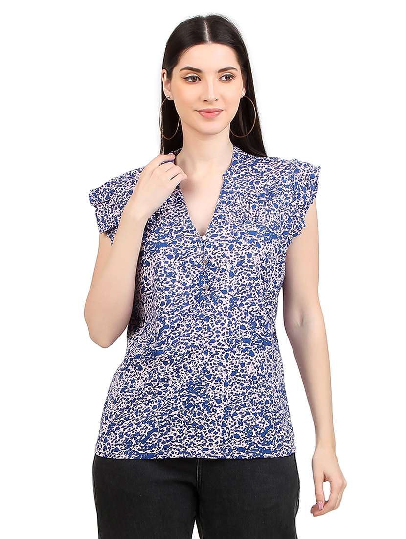 women prnted mandrain neck straight top