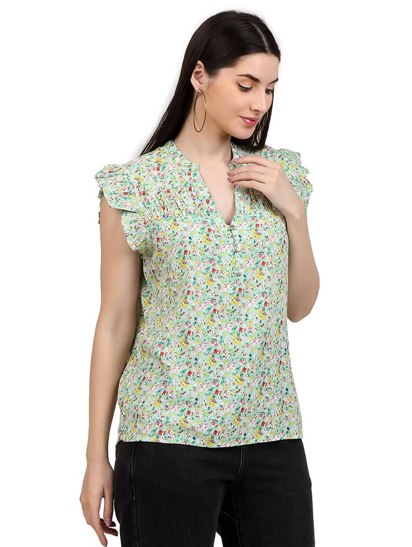 women prnted mandrain neck straight top - 21352095 -  Standard Image - 2