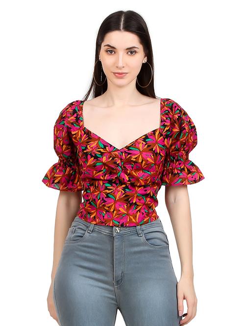 women printed smocked detailed crop top - 21352100 - Standard Image - 0
