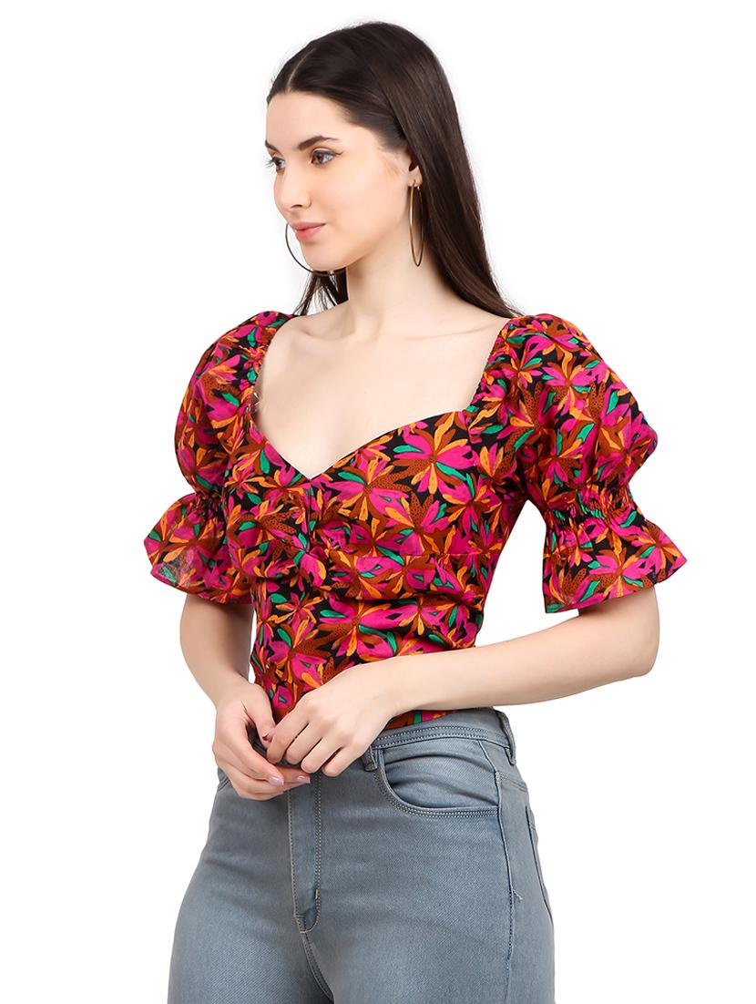 women printed smocked detailed crop top - 21352100 - Standard Image - 2